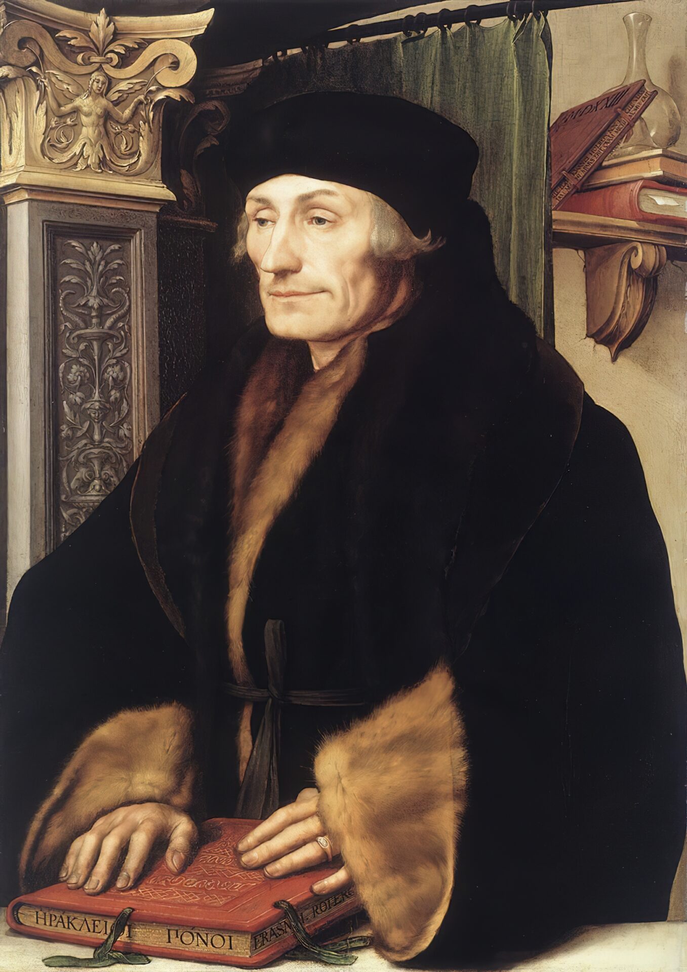 HOLBEIN, Hans the Younger
(b. 1497, Augsburg, d. 1543, London)

Portrait of Erasmus of Rotterdam
1523
Wood, 76 x 51 cm
National Gallery, London

Of Holbein's portraits of Erasmus, this is the most ostentatious, and not just because it is much larger. The background of the interior is furnished with a splendidly decorated pilaster and a shelf with books and a glass carafe, all of which help to ennoble the sitter. On the edge of the book reclining on the shelf is a Latin couplet composed by Erasmus, which asserts that Holbein would sooner have a slanderer than an imitator. That seems to mean that his outstanding art could scarcely be imitated and therefore criticism from the envious is more likely than imitation.






--- Keywords: --------------

Author: HOLBEIN, Hans the Younger
Title: Portrait of Erasmus of Rotterdam
Time-line: 1501-1550
School: German
Form: painting
Type: portrait